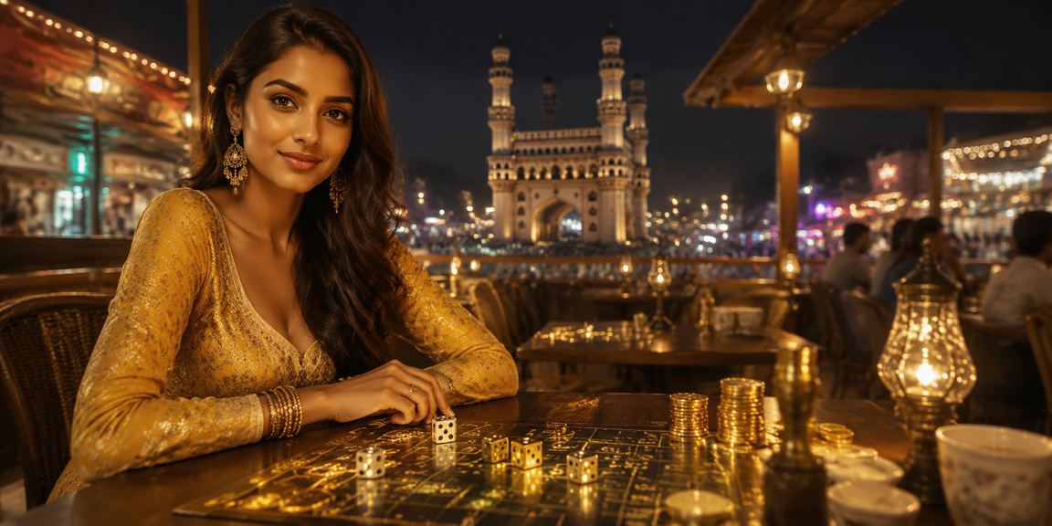Hyderabad skyline with gaming dice and rupee currency