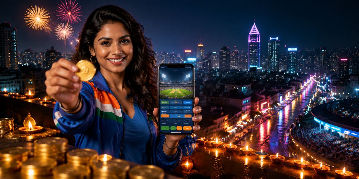 Mumbai cityscape with Cricket betting and Diwali festival decorations