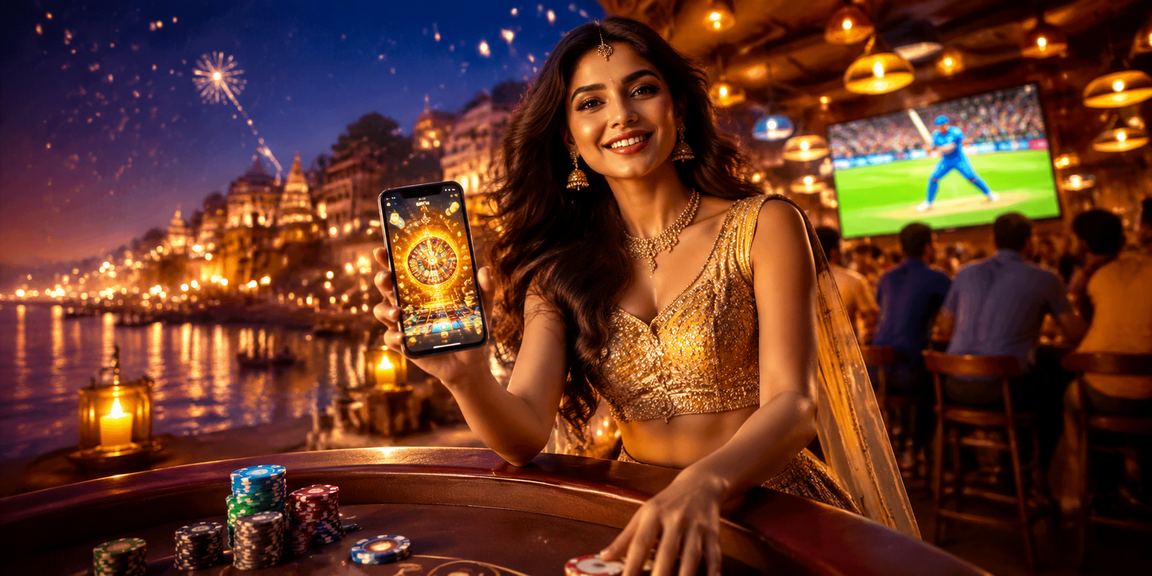 Varanasi riverfront scene with cricket betting and traditional lehenga